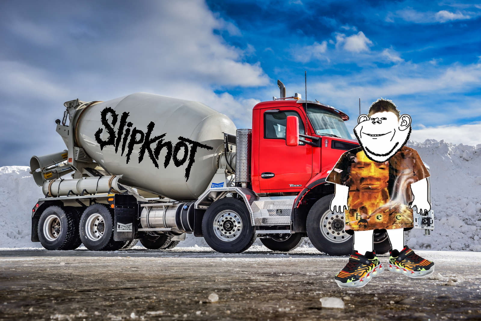 impish soyak ears, brendan fraser, cement mixer, cheese (band), closed mouth, clothes, ear, full body, grin, holding object