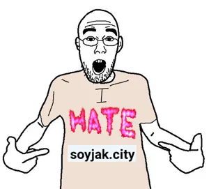shirtjak, arm, clothes, ear, glasses, hands, i hate, open mouth, pointing, soyjak
