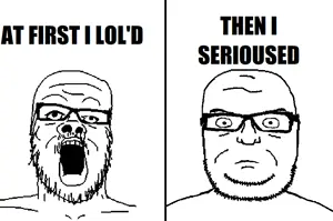 sectionalism, a24 slowburn soyjak, seriousjak, bald, glasses, open mouth, stubble, text