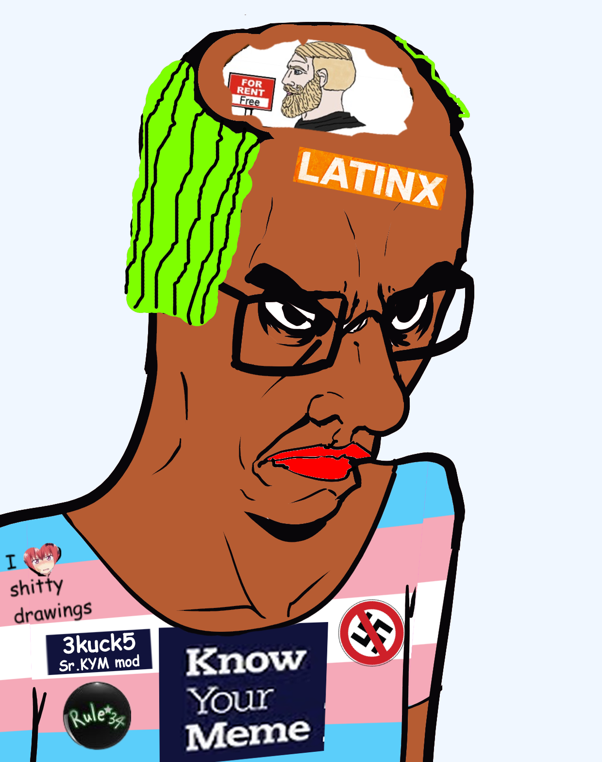 yes chad, chudjak, chudjak seething, anime, anti white, brown skin, drawing, gender-neutral language, green hair, knowyourmeme