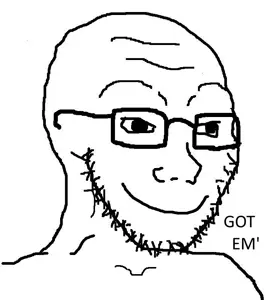 soyak, 1soyjak, forehead lines, glasses, gottem, looking to the right, monochrome, smile, soyjak, stubble