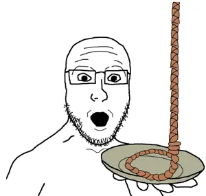 platejak, arm, glasses, hands, holding object, holding plate, noose, open mouth, plate, rope