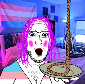 platejak, anhero, hair, holding object, holding plate, pink hair, rope, tranny, white skin, transgender pride flag