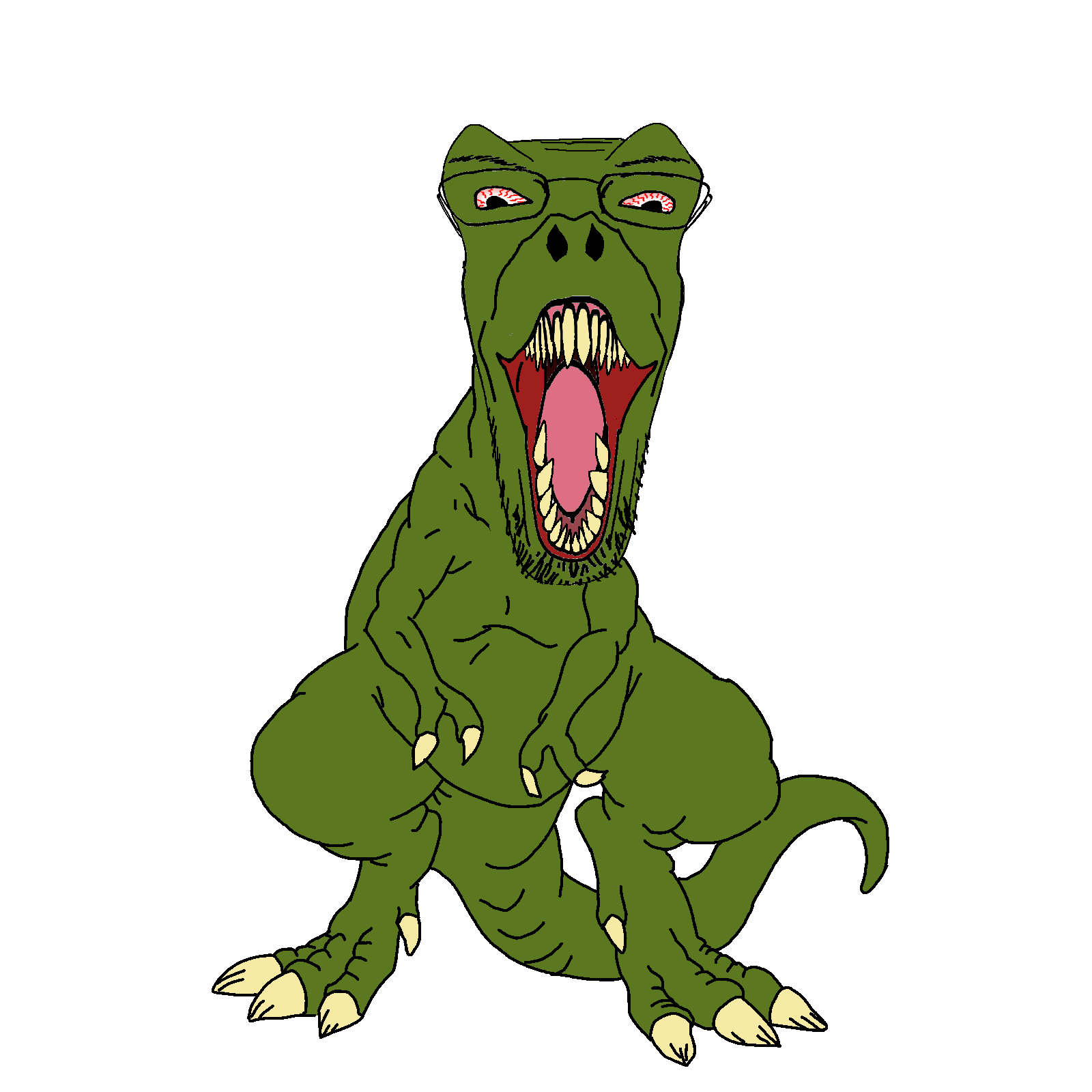 bernd, animaljaks, dinosaurjaks, animal, bloodshot eyes, dinosaur, distorted, full body, glasses, open mouth