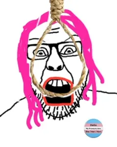 feraljak front, glasses, hair, makeup, noose, open mouth, pink hair, purple hair, rope, soyjak