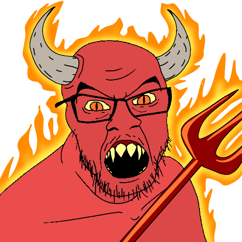 feraljak, 1soyjak, angry, bald, demon, fire, forehead lines, glasses, horns, looking at you