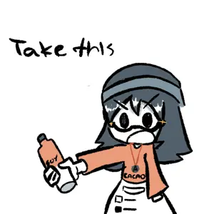soytan, beanie, bottle, clothes, drawing, drink, glasses, hair, hat, holding bottle