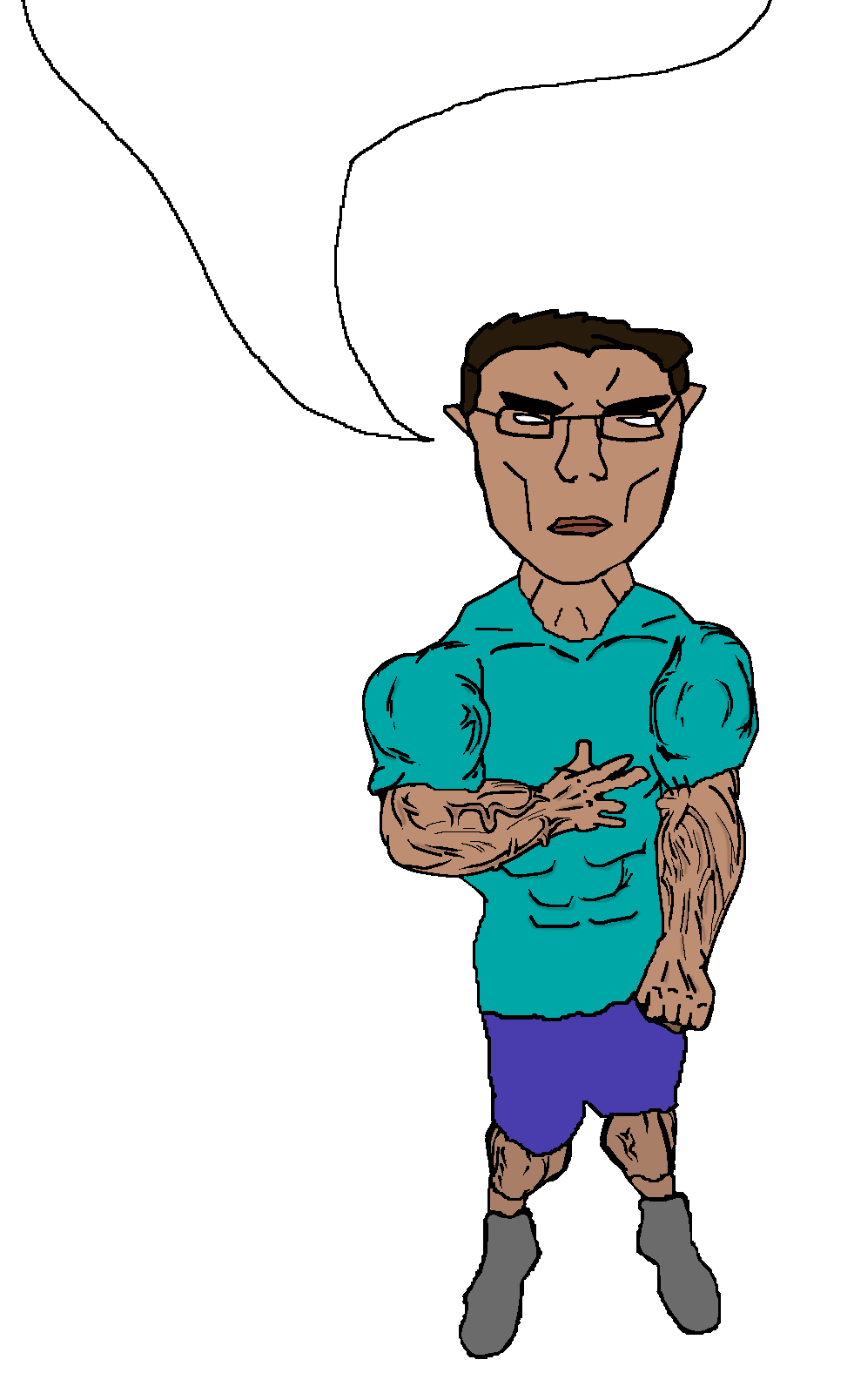 chudjak, unbotheredchud, arm, brown hair, brown skin, buff, clothes, full body, hair, herobrine