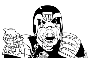 feraljak, angry, armor, badge, clothes, eagle, hat, helmet, judge dredd, open mouth