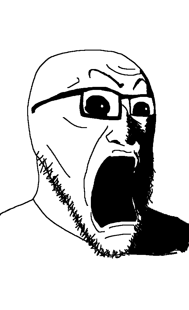 darkiplier, 1soyjak, bald, black sclera, creepy, eyebrows, forehead lines, glasses, monochrome, open eyes