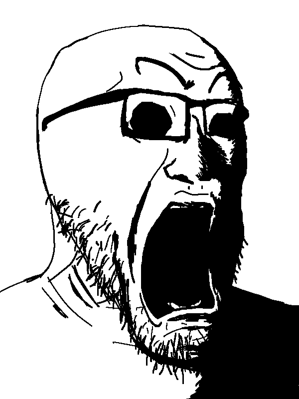 darkiplier, 1soyjak, bald, black eyes, creepy, glasses, monochrome, open eyes, open mouth, portrait