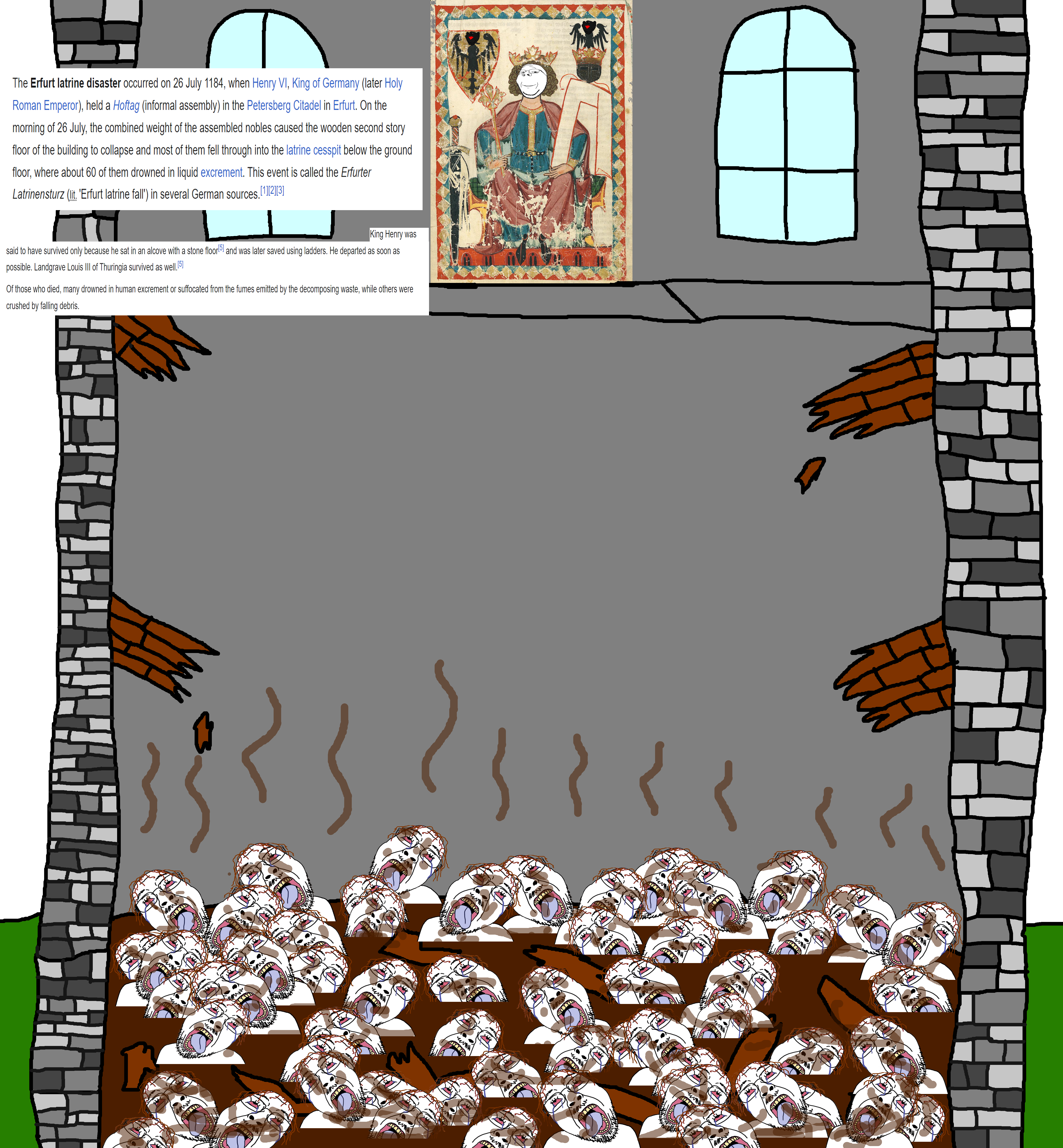 bernd, gapejak, impish soyak ears, wholesome soyjak, 1184, bloodshot eyes, castle, cesspool, classical art parody, clothes