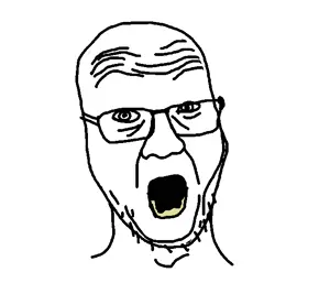 frickerjak or gibson, glasses, open mouth, screaming, soyjak, stubble, yellow teeth