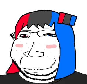 soysuba, gapejak, massjak, wholesome soyjak, blue hair, closed mouth, clothes, fusion, glasses, heterochromia
