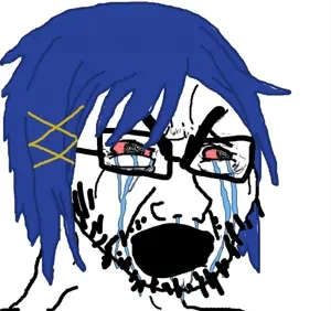 cryboy soyjak, anime, aria, blue hair, crying, hair clip