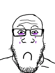 markiplier soyjak, closed mouth, frown, glasses, purple tears, sad, soyjak, stubble