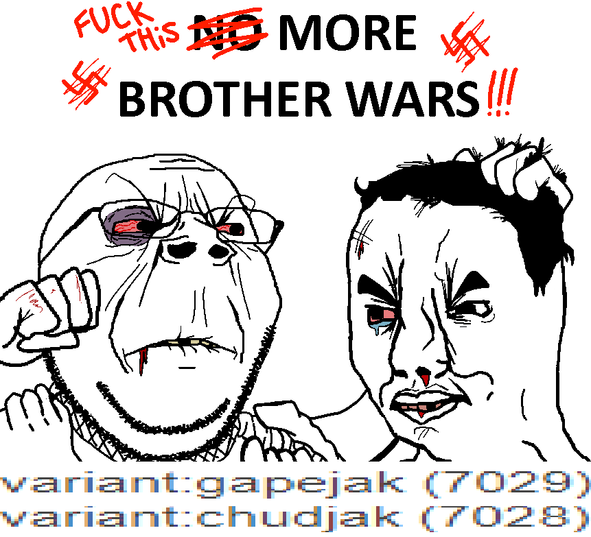 chudjak, gapejak, wholesome soyjak, 2soyjaks, angry, beaten, blood, bloodshot eyes, broken teeth, bruise