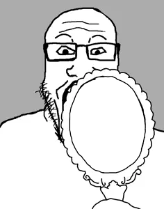 markiplier soyjak, glasses, gray background, hand mirror, looking at you, mirror, pov, stubble, traced, transparent