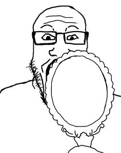 markiplier soyjak, glasses, gray background, hand mirror, looking at you, mirror, pov, stubble, traced