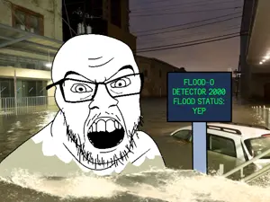 feraljak, angry, car, flood, glasses, irl background, mustache, open mouth, sign, soyjak