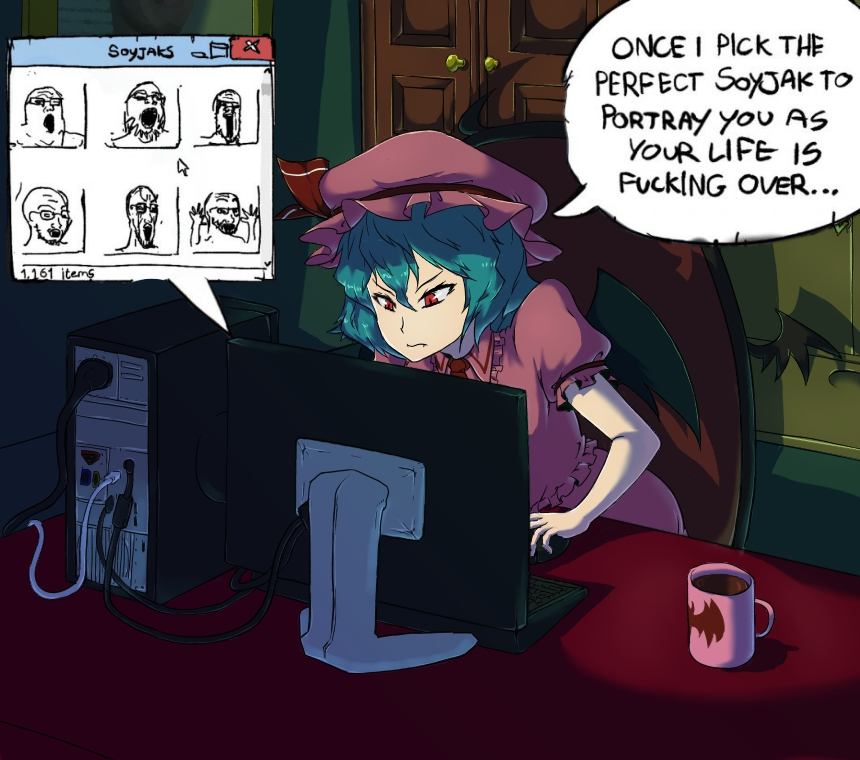 remilia scarlet, soyak, anime, arm, bed, closed eyes, closed mouth, clothes, computer, cup