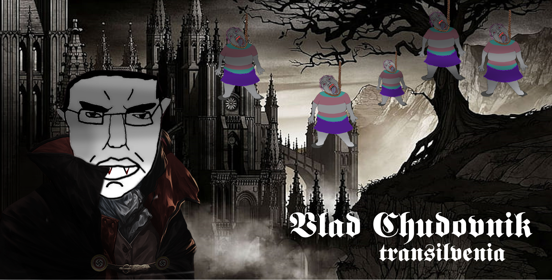 bernd, chudjak, chudjak front, hanging troonjak, troonjak, ack, blood, bloodshot eyes, castle, glasses