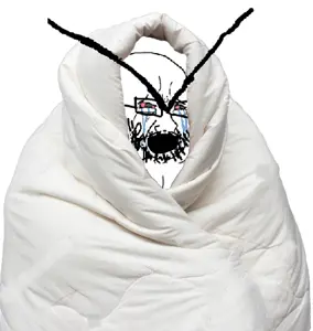 cryboy soyjak, selfish little fuck, angry, blanket, bloodshot eyes, bushy eyebrows, comfy, crying, glasses, long eyebrows