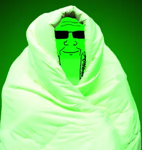 markiplier soyjak, glowie, blanket, calm, closed mouth, comfy, glasses, glowing, open mouth, smile
