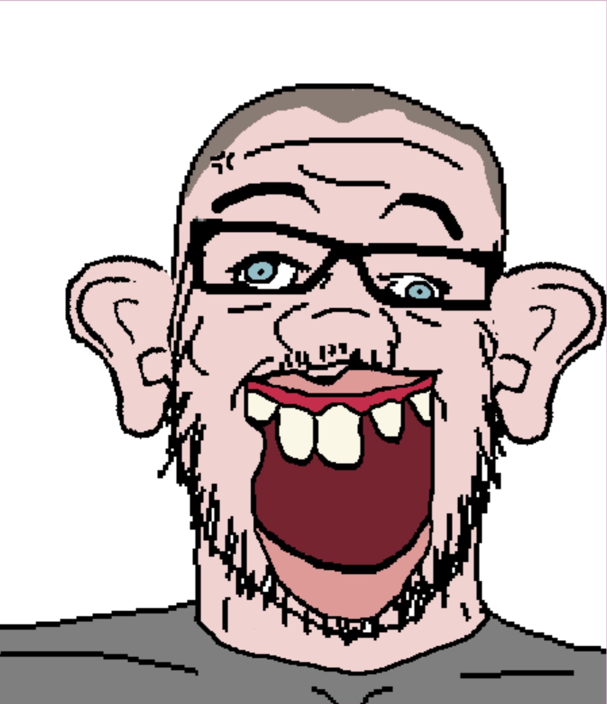 a24 slowburn soyjak, kurwa24, anger mark, blue eyes, brown hair, clothes, crooked teeth, cross eyed, crossed eyes, derp