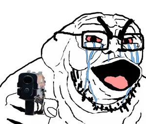 et, cryboy et, angry, blob, bloodshot eyes, bushy eyebrows, crying, fat, firearm, glasses