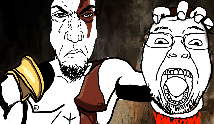 kratos, bernd, punisher face, angry, beard, blood, buff, closed mouth, decapitation, glasses