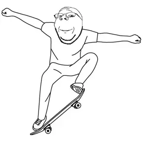 gapejak, wholesome soyjak, full body, glasses, skateboard, smile, stubble