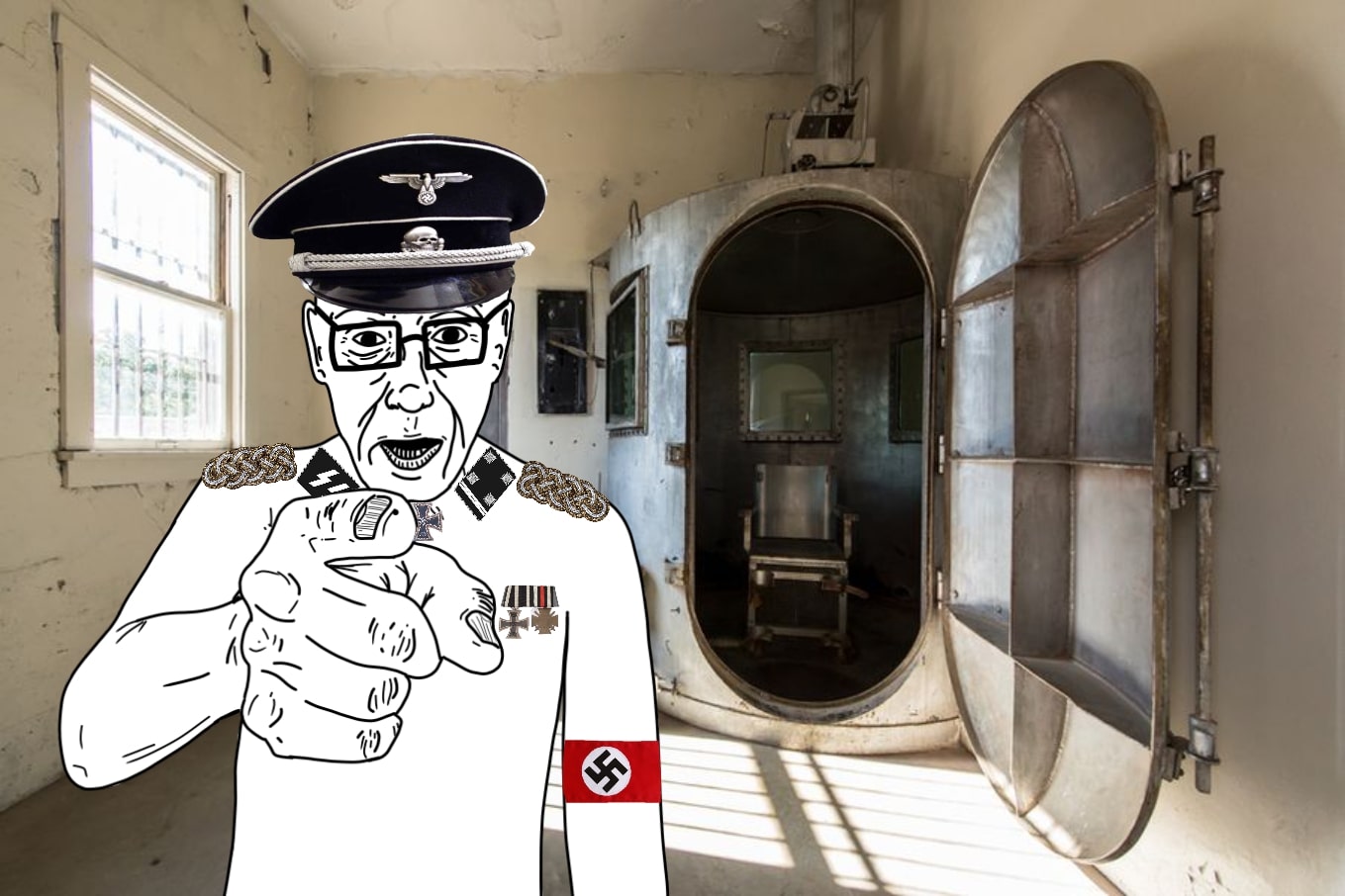 unknown, armband, clothes, gas chamber, glasses, hat, irl background, iron cross, lips, medal