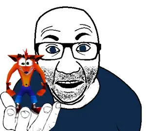 el perro rabioso, clothes, glasses, hands, holding object, perro hold, soyjak, stubble, video game, crash bandicoot