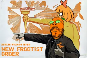 mymy schoppenboer, gapejak, mustached gapejak, fnwo, frootist new order, mustache, orange skin, poster, propaganda, ongezellig