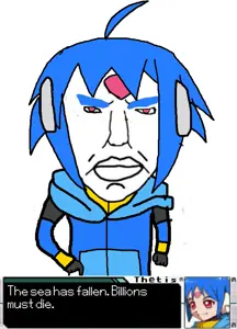 chudjak, pol face, blue hair, hoodie, mega man, mega man zx, millions must die, red eyes, text, the west has fallen