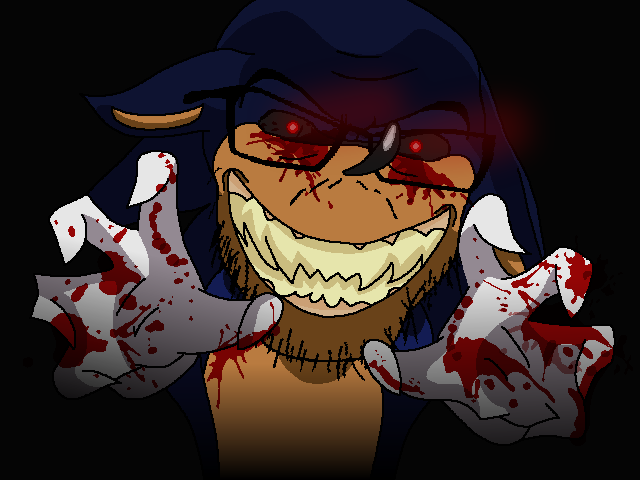 sonic the hedgehog, feraljak, animal, black background, black sclera, blood, blue skin, creepypasta, ear, glasses