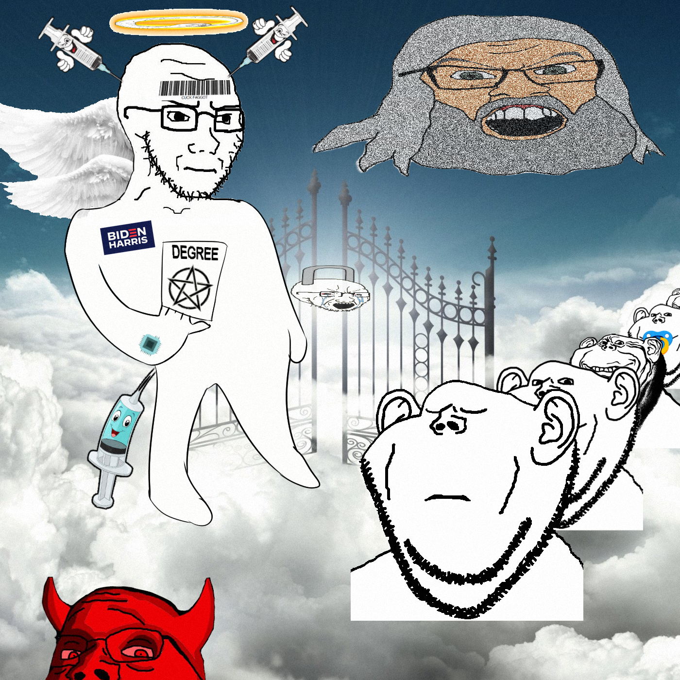 feraljak, gapejak, impish soyak ears, soyak, wholesome soyjak, angel, arm, baby, barcode, beard