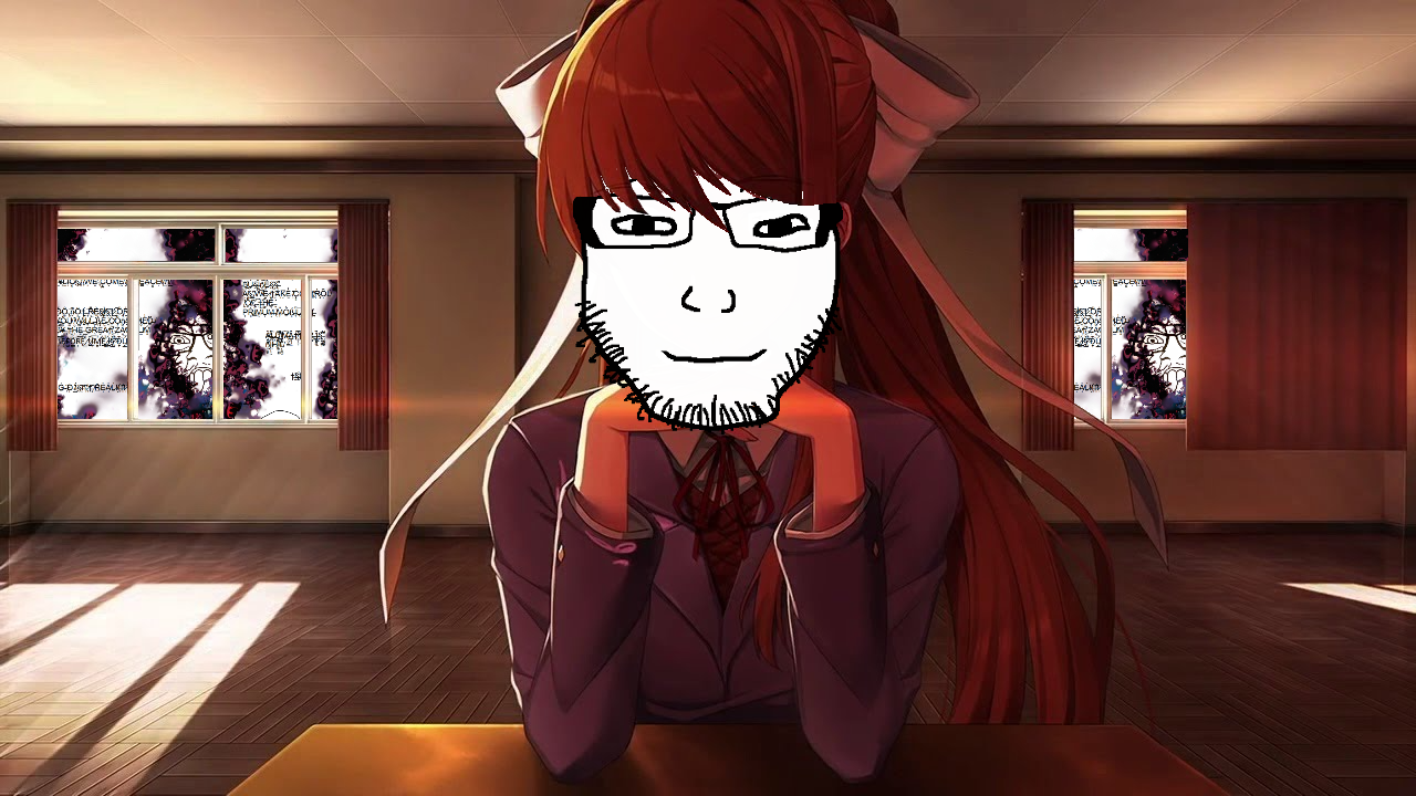 feraljak, markiplier soyjak, lawrence, 2soyjaks, anime, anime female, cg, glasses, monika, ribbon