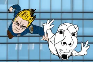 chudjak, fisheyejak, 2soyjaks, animated, arm, badge, blonde hair, buff, building, falling