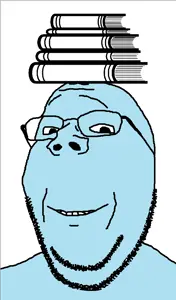 gapejak, wholesome soyjak, blue skin, book, closed mouth, glasses, smile, stubble, angeleno