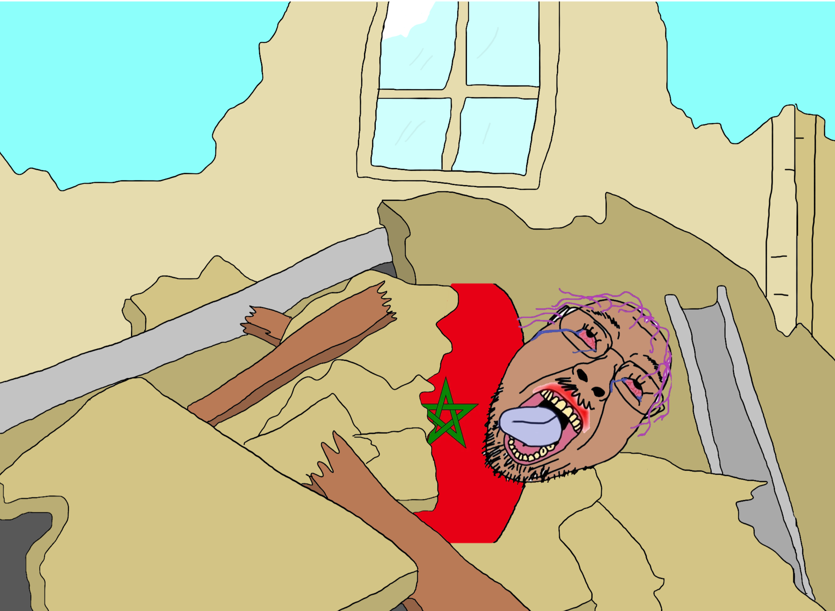 bernd, hanging troonjak, troonjak, ack, bloodshot eyes, brown skin, country, crying, dead, earthquake