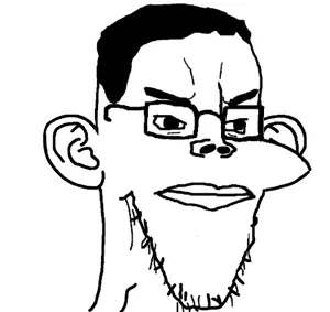 chudjak, impish soyak ears, splicejak, fusionjaks, 1soyjak, bushy eyebrows, closed mouth, distorted, ear, eyebrows