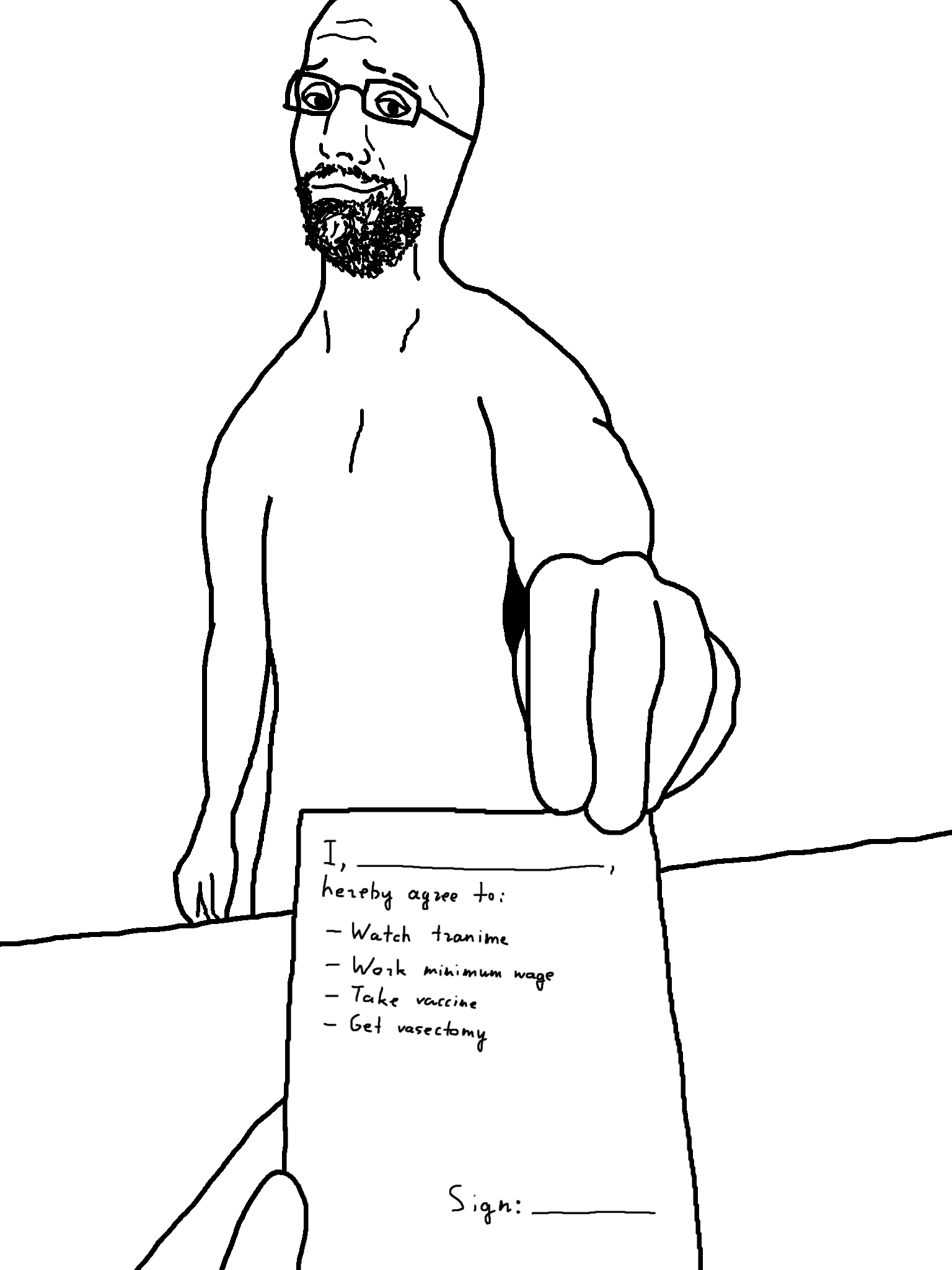 bartender, anime, arm, bald, beard, black eyes, closed mouth, front view, glasses, half body