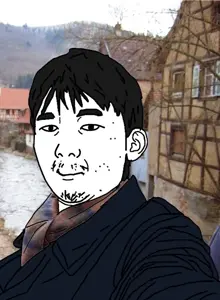 kuzjak, card, clothes, coat, ear, hair, house, irl background, lake, looking at you