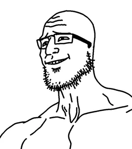 gigson, 1soyjak, bald, black eyes, buff, cleavage, closed mouth, glasses, half open mouth, looking to the left
