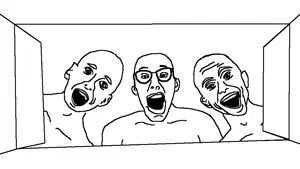 boxtrio, unknown, 1soyjak, 3soyjaks, box, glasses, looking at you, looking down, monochrome, open mouth