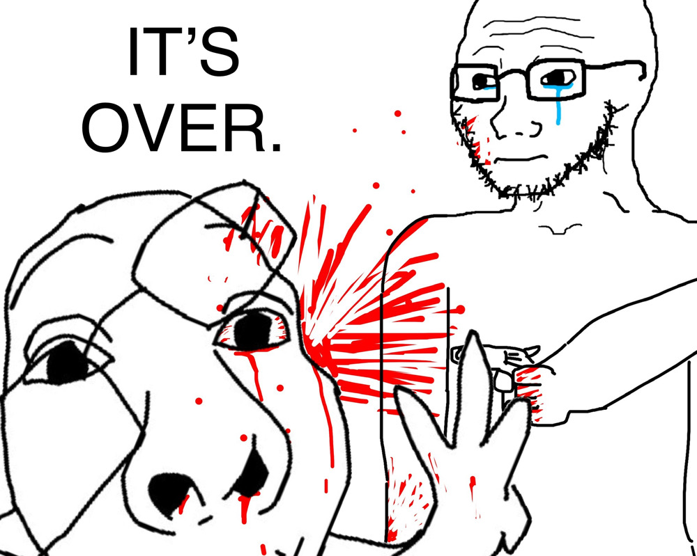 wojak, fisheyejak, soyak, its over, 2soyjaks, arm, blood, bloodshot eyes, crying, firearm