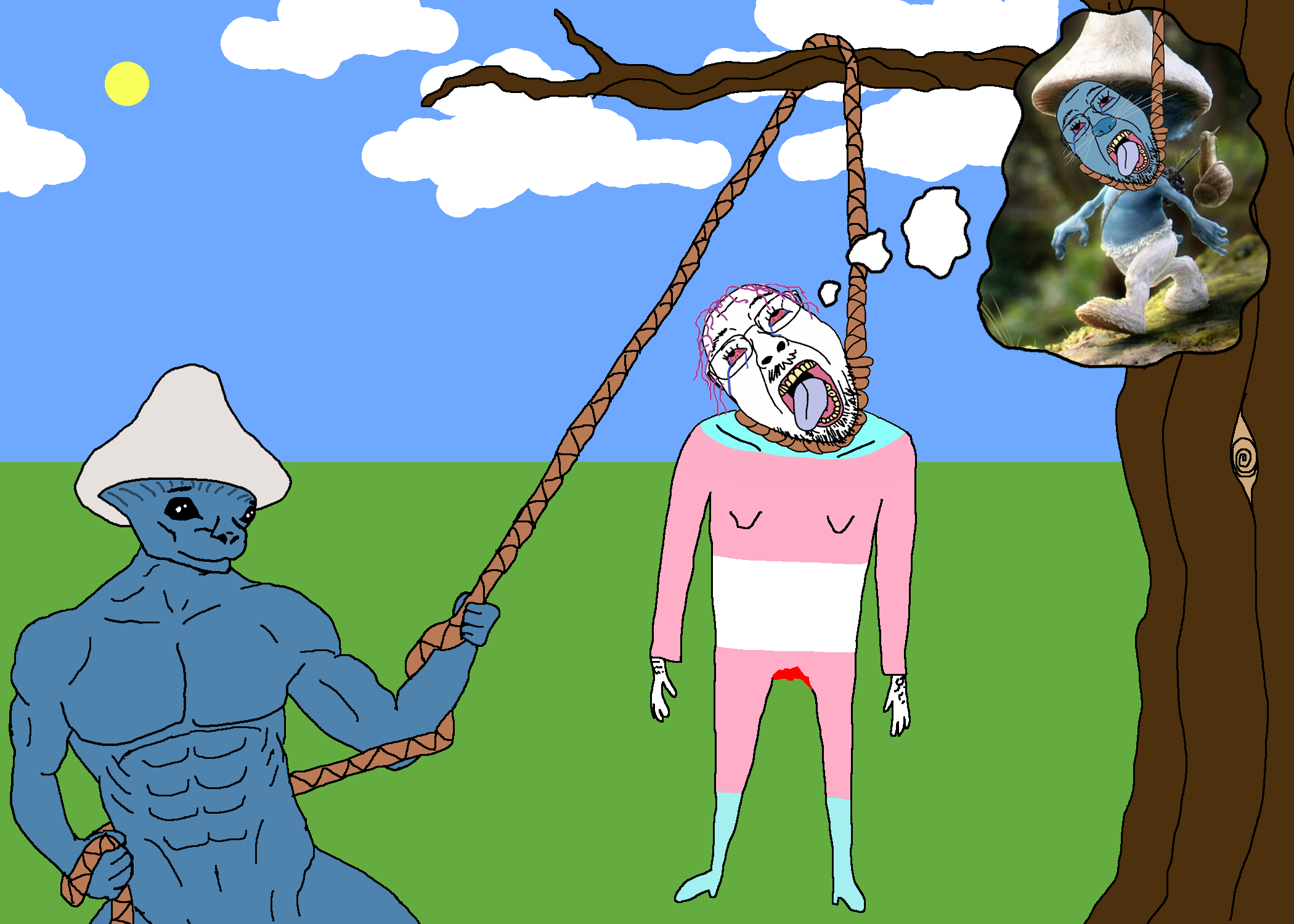 bernd, chudjak, hanging troonjak, troonjak, 2soyjaks, ack, arm, bloodshot eyes, blue skin, buff