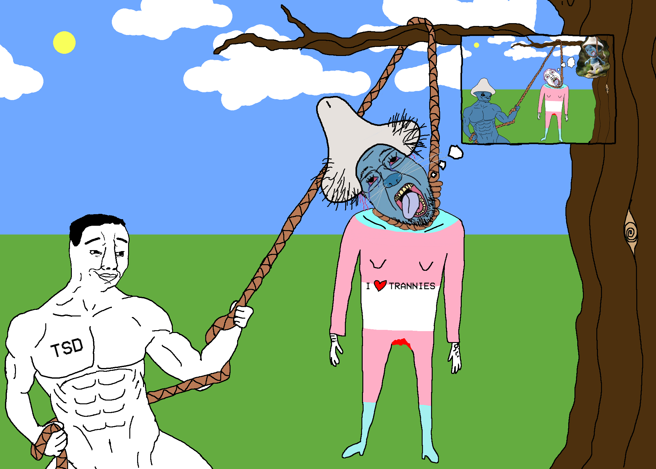 bernd, chudjak, hanging troonjak, troonjak, 2soyjaks, ack, arm, bloodshot eyes, blue skin, buff